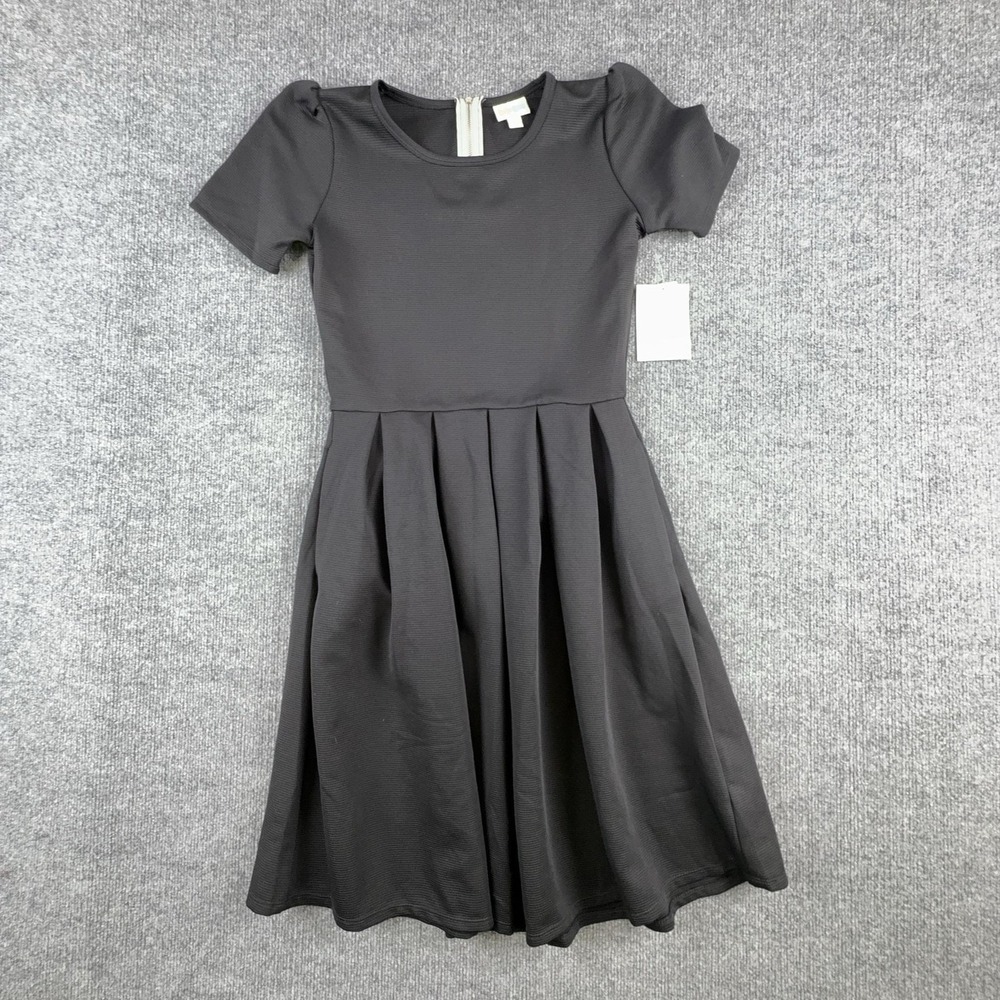 LuLaRoe Amelia Dress Womens Small Black Fit Flare Short Sleeve Knit Zip Back